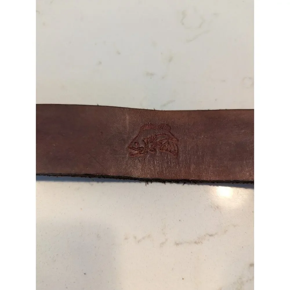 Men's Brown Leather Belt 36 Solid Brass Buckle Fish Embossed